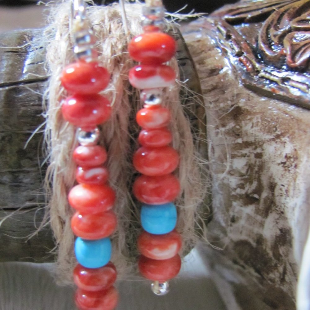 ZUNI HAND MADE SPINY  OYSTER & SLEEPING BEAUTY TURQUOISE EARRINGS - Picture 10 of 16